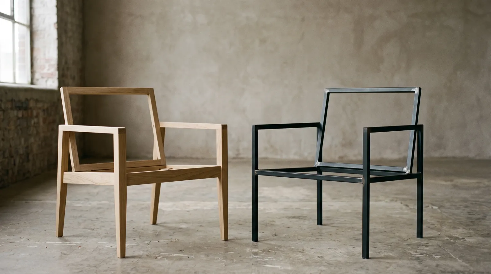 A wooden armchair frame beside a black steel armchair frame of similar design
