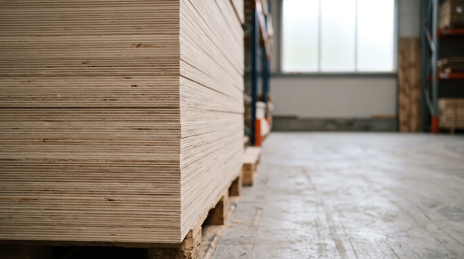 Edge of a stack of plywood sheets showing the layered veneer plies