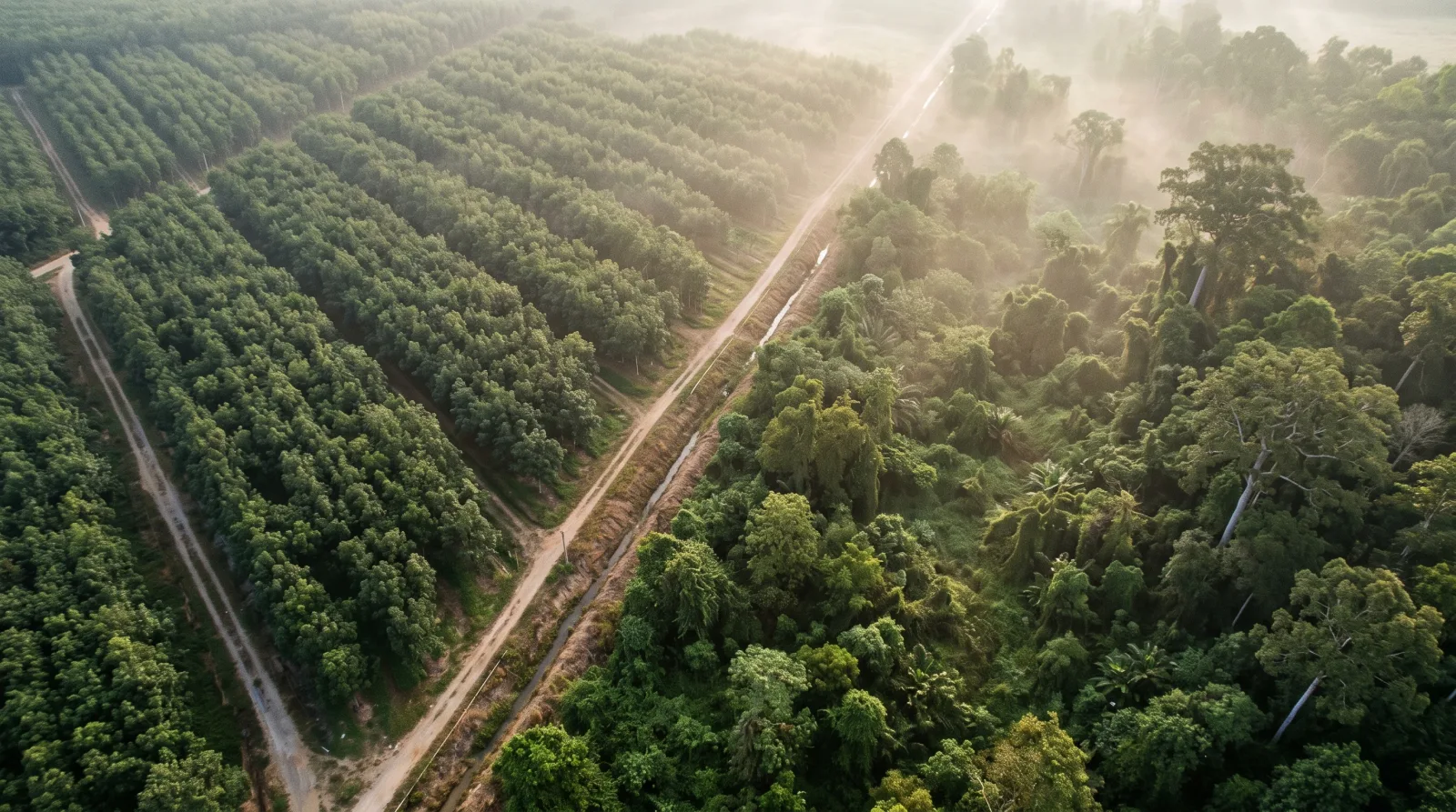 Aerial view of plantation rows meeting a strip of natural forest